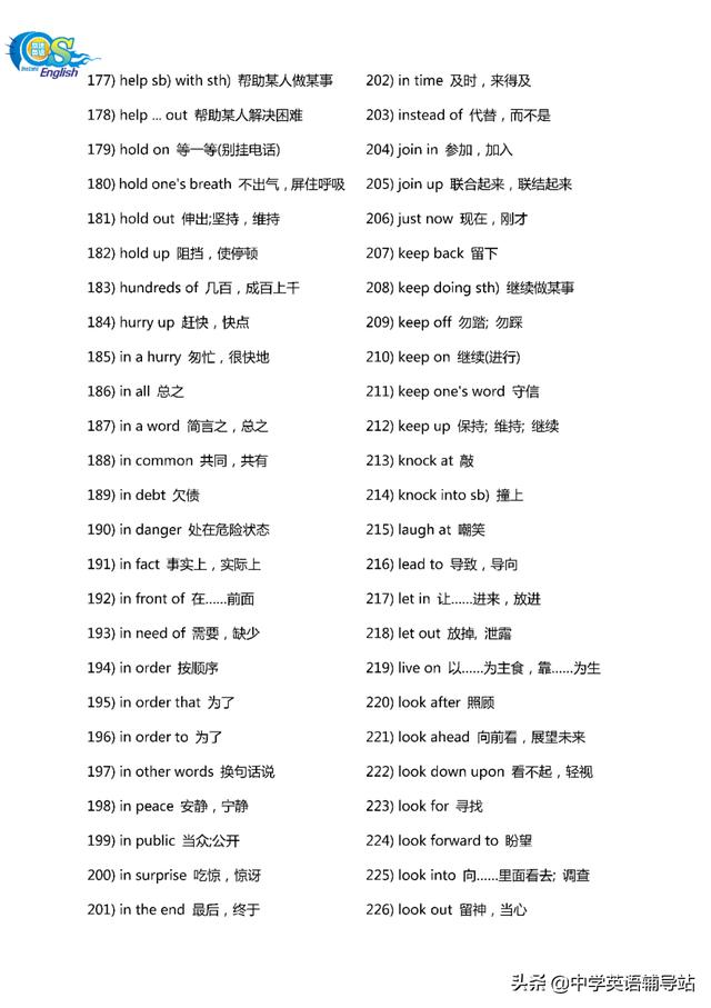 初中英语教材中500个常用英语短语搭配，可下载打印