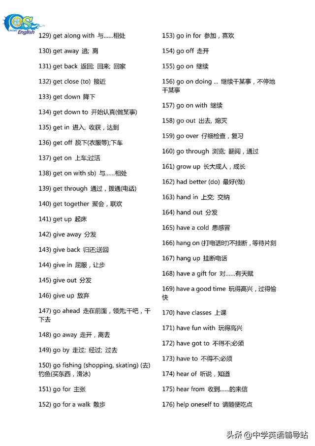 初中英语教材中500个常用英语短语搭配，可下载打印